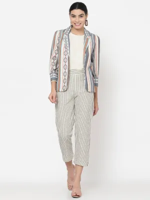 Three Piece Co-ord Set with Top, Striped Pants and Cotton Blazer