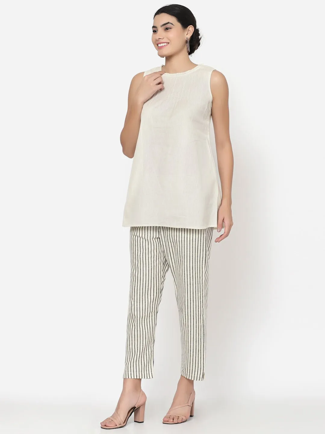 Three Piece Co-ord Set with Top, Striped Pants and Cotton Blazer