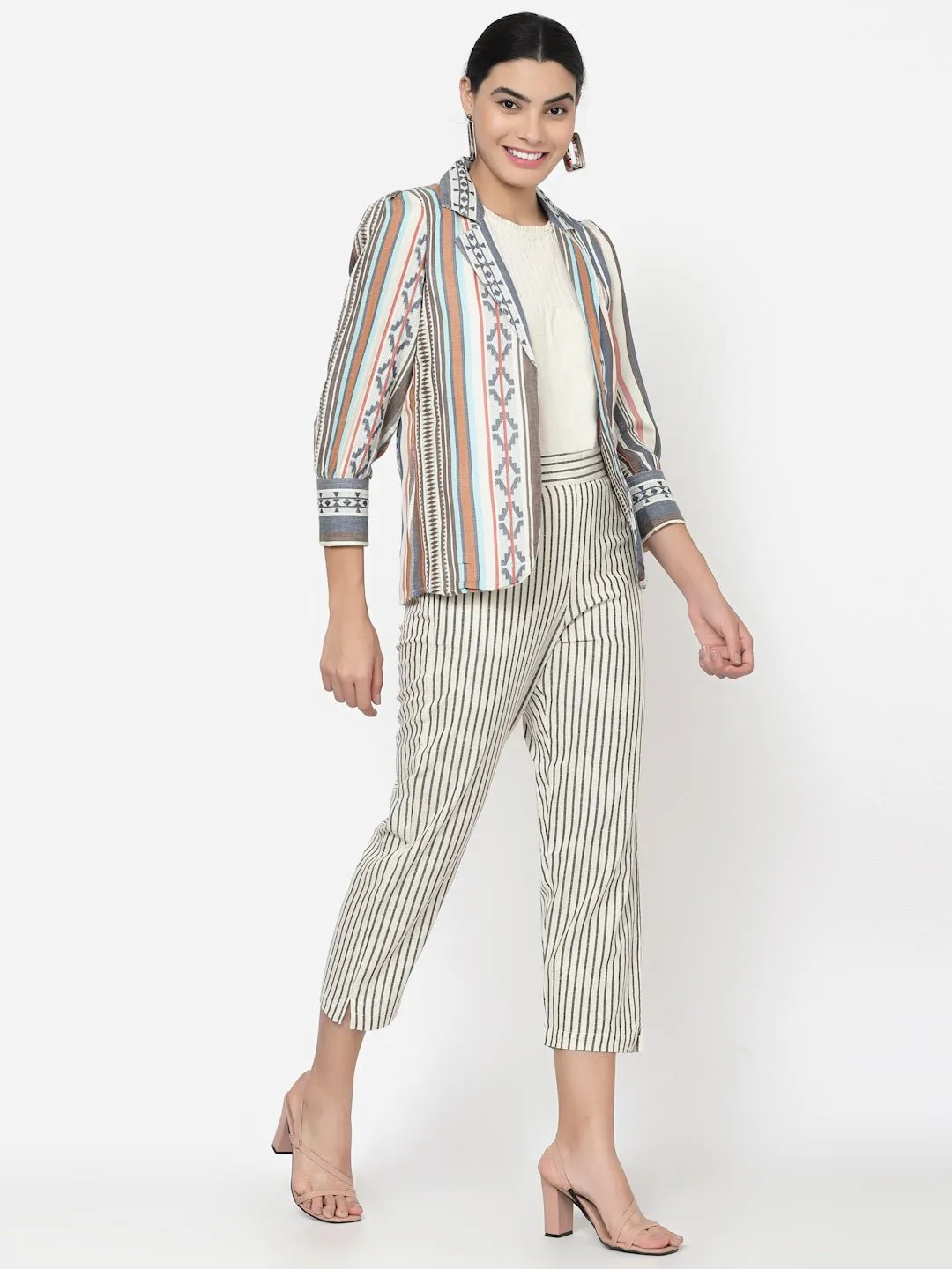Three Piece Co-ord Set with Top, Striped Pants and Cotton Blazer