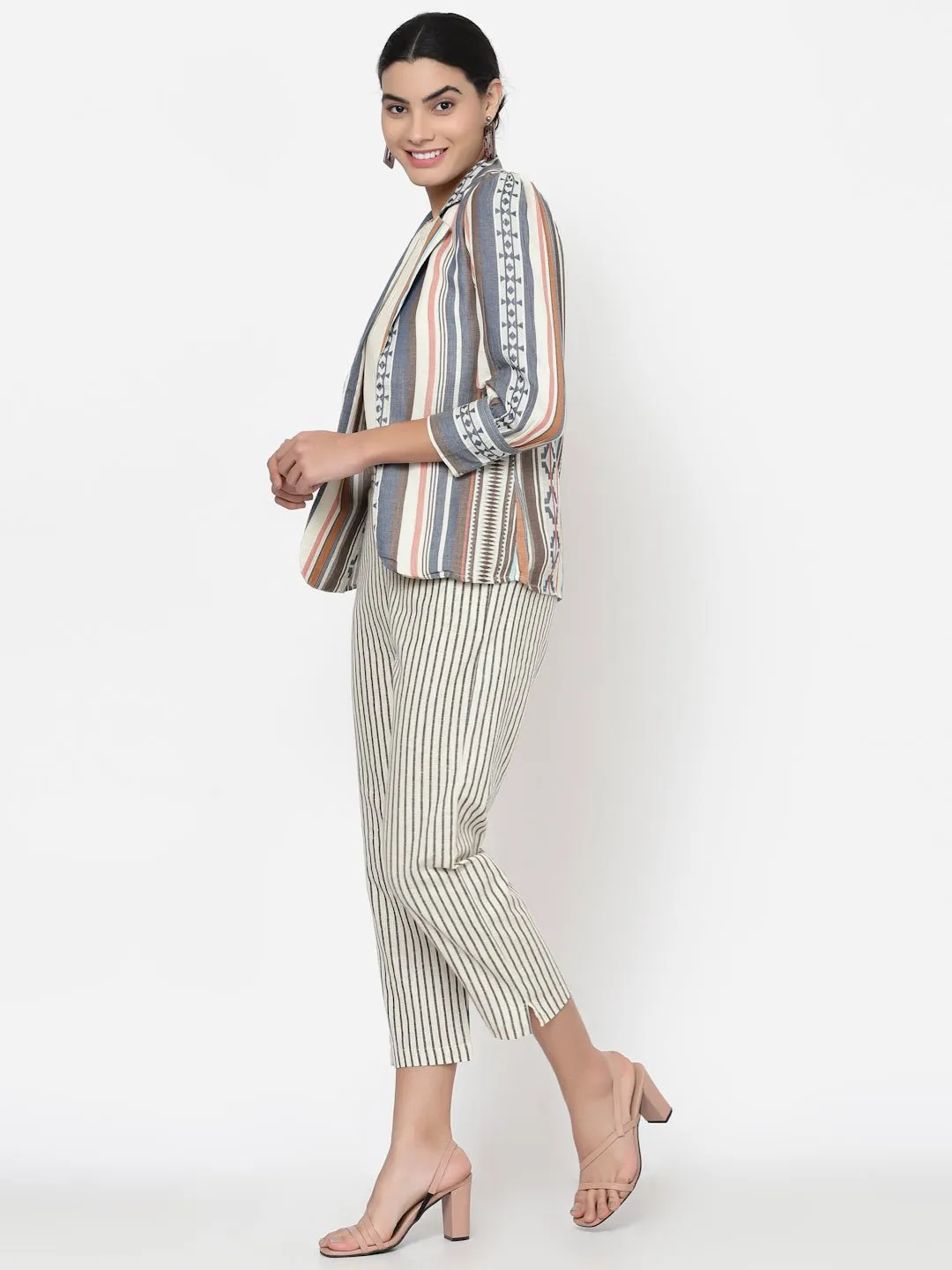 Three Piece Co-ord Set with Top, Striped Pants and Cotton Blazer