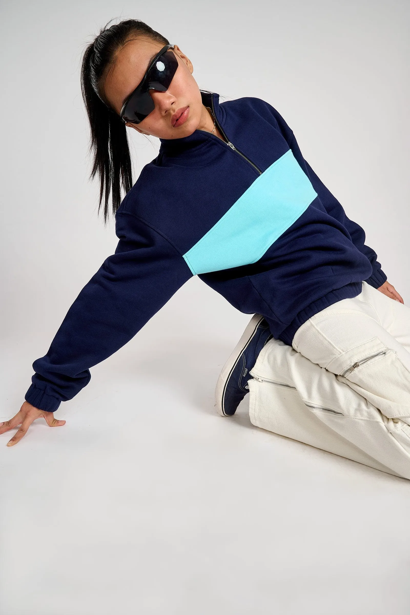Two Blues Oversized Heavyweight High Neck Zipper