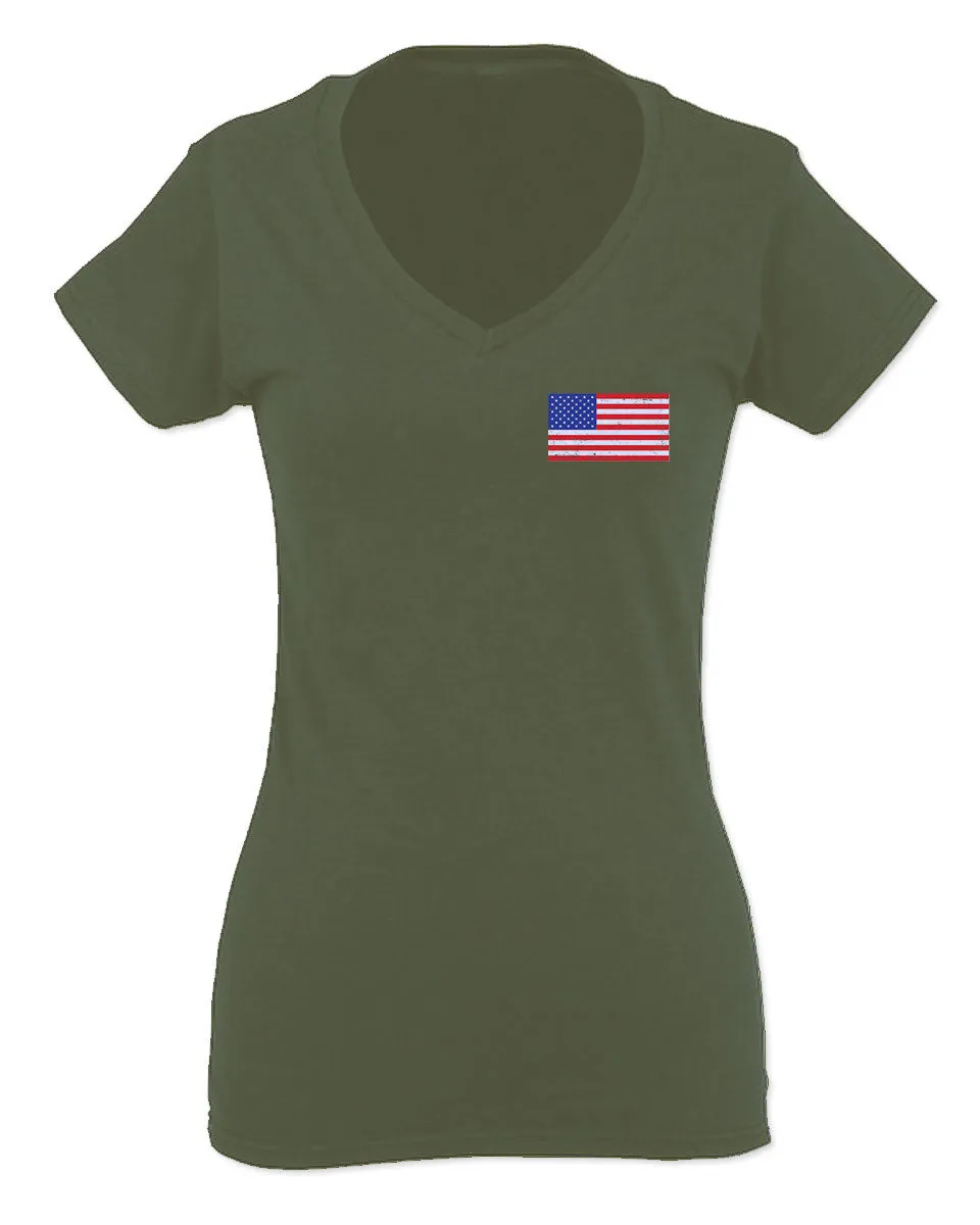 Vintage American Flag United States of America USA For Women V neck fitted T Shirt