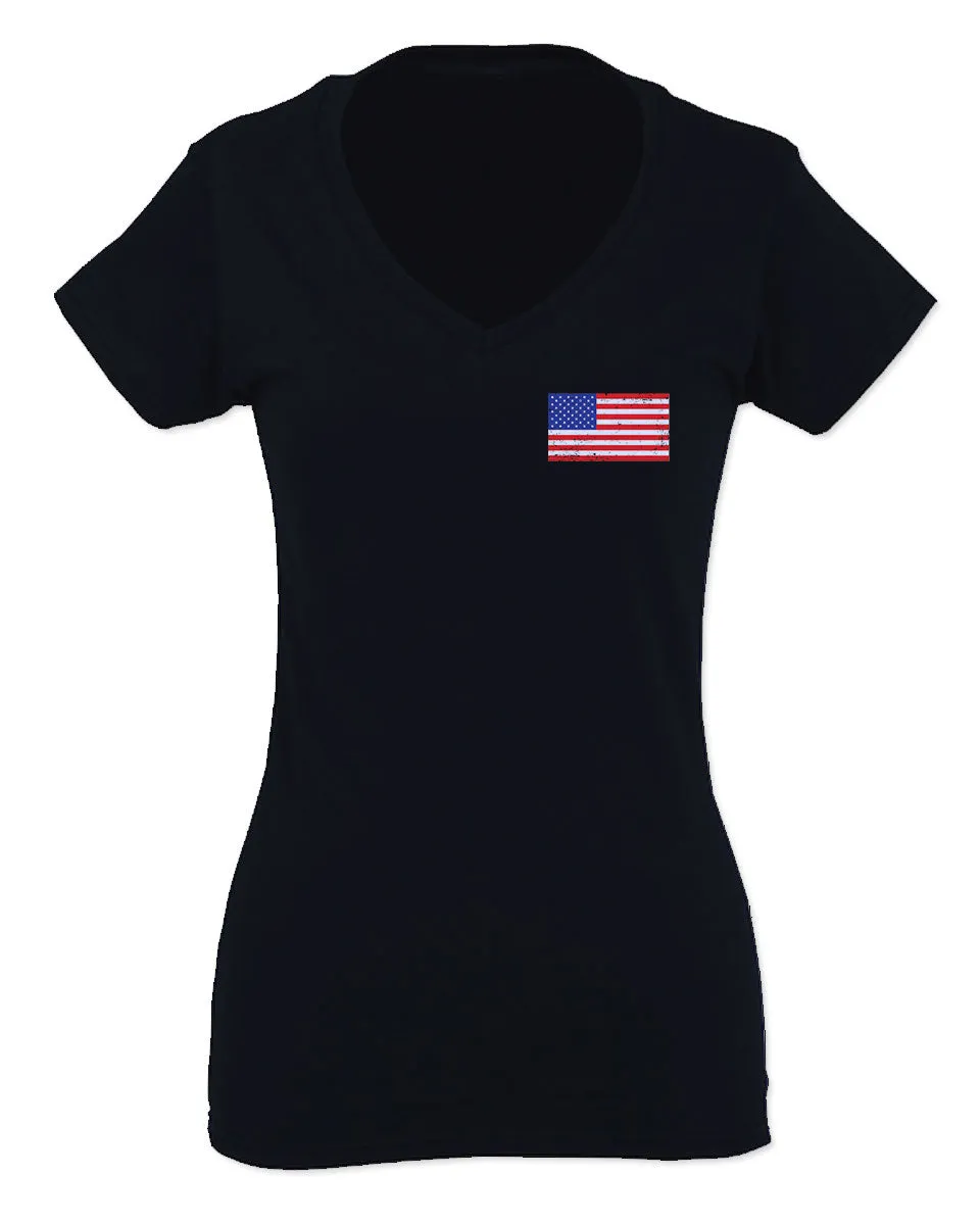 Vintage American Flag United States of America USA For Women V neck fitted T Shirt