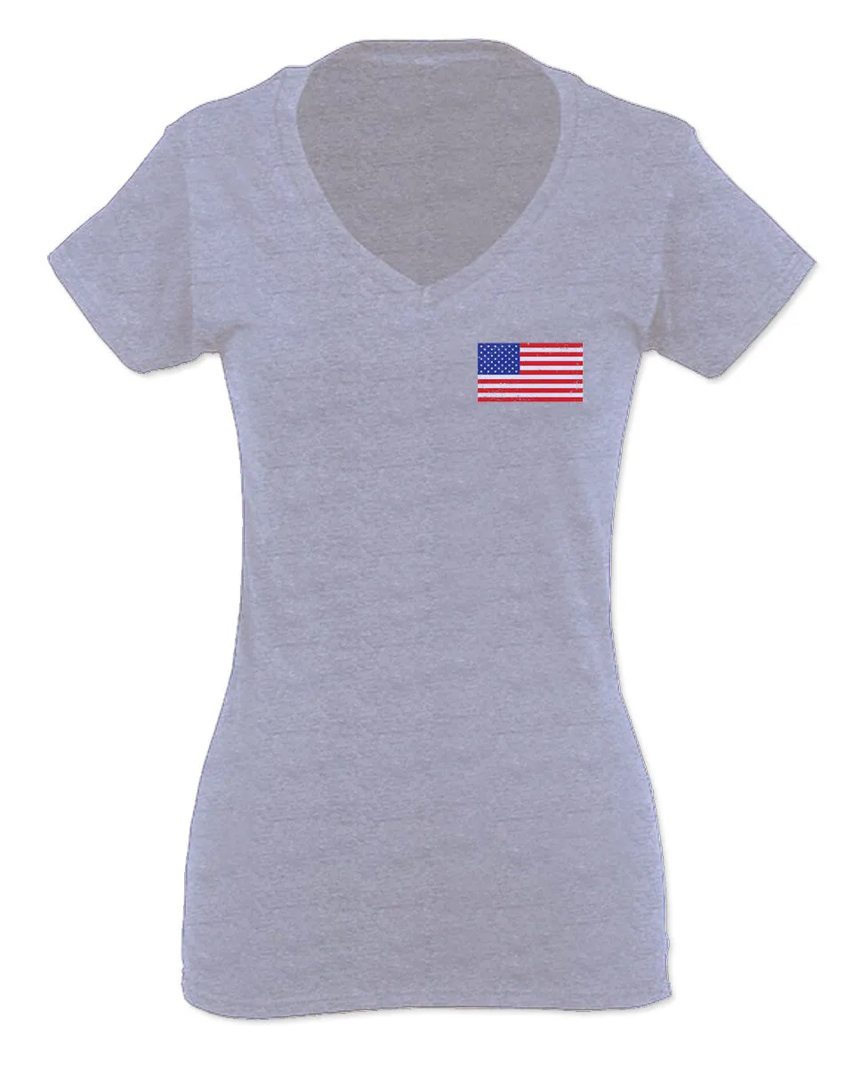 Vintage American Flag United States of America USA For Women V neck fitted T Shirt