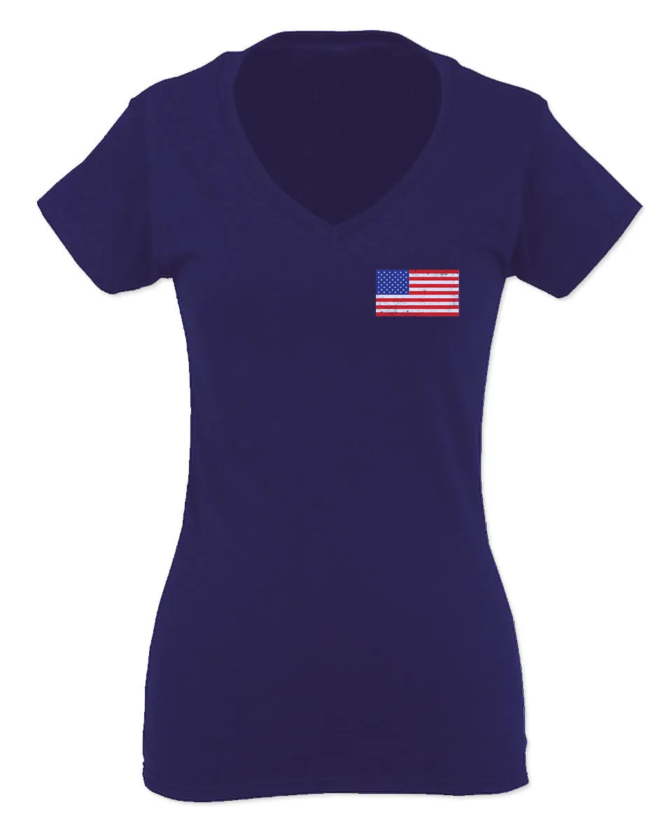 Vintage American Flag United States of America USA For Women V neck fitted T Shirt