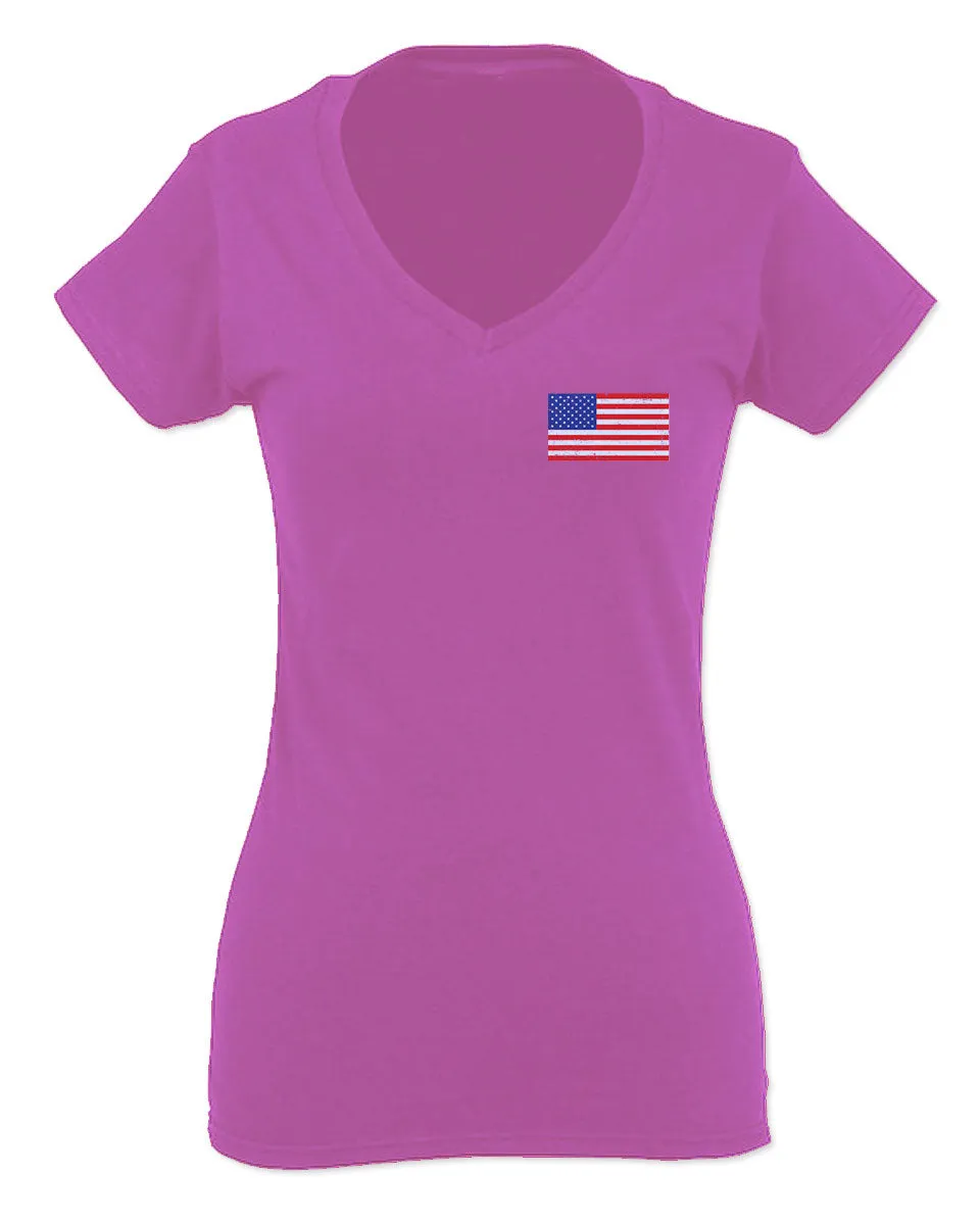 Vintage American Flag United States of America USA For Women V neck fitted T Shirt