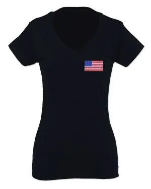 Vintage American Flag United States of America USA For Women V neck fitted T Shirt