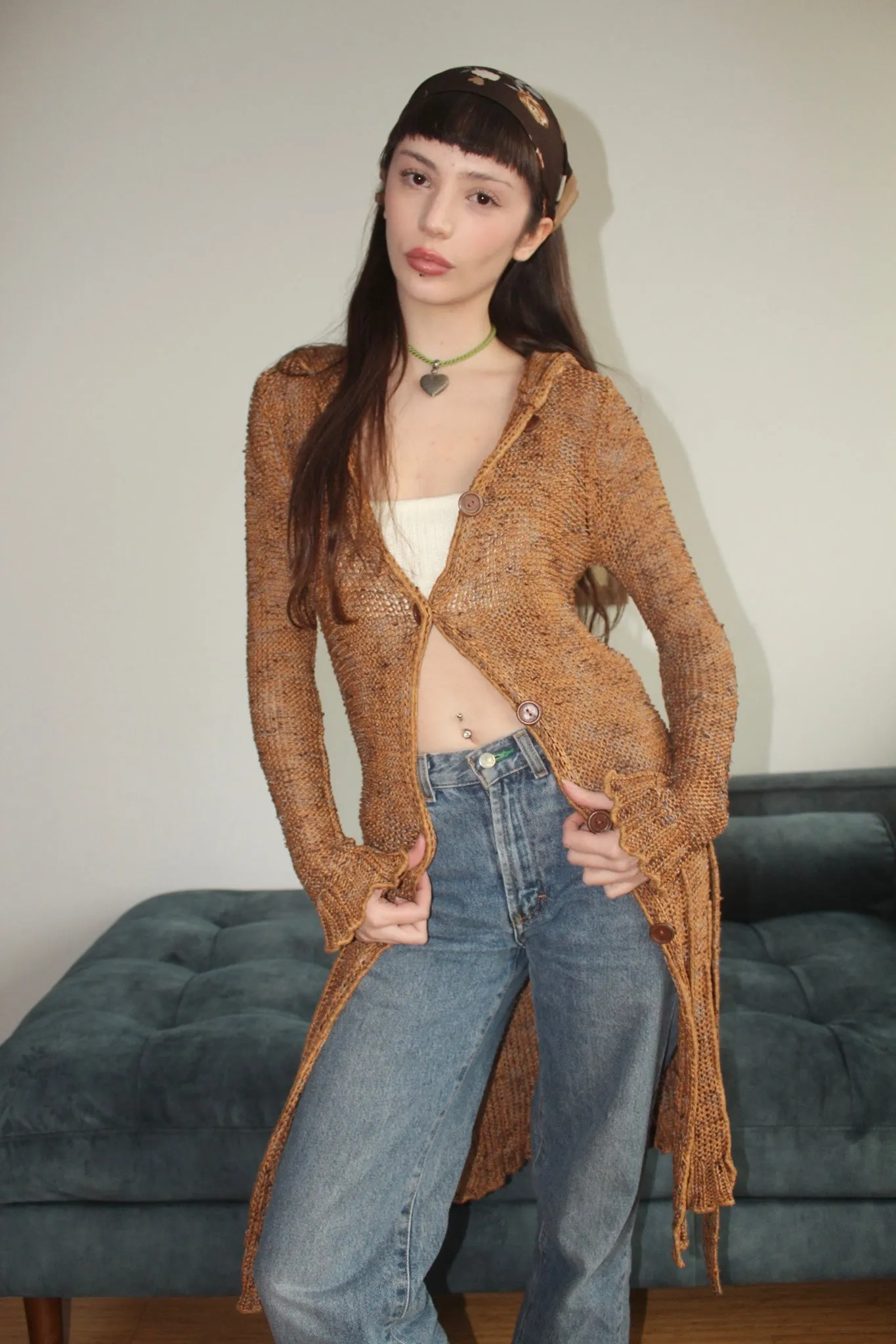 Vintage Hooded Tie Longline Knit (S-M)