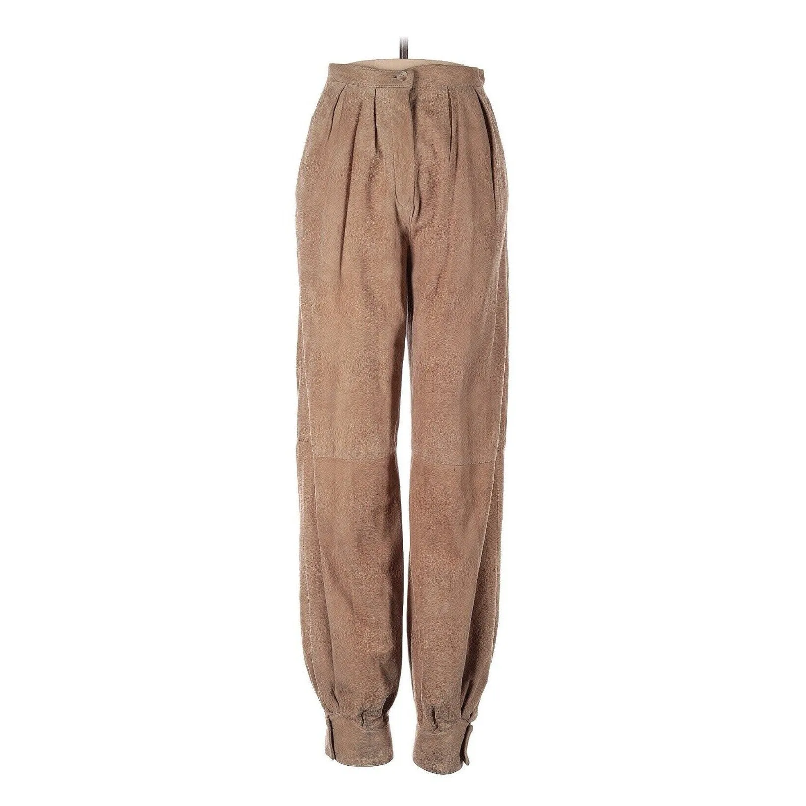 Vintage Women's Genuine Suede Leather High Waist Cuffed Pants – Tan Beige, Size 27x28.5