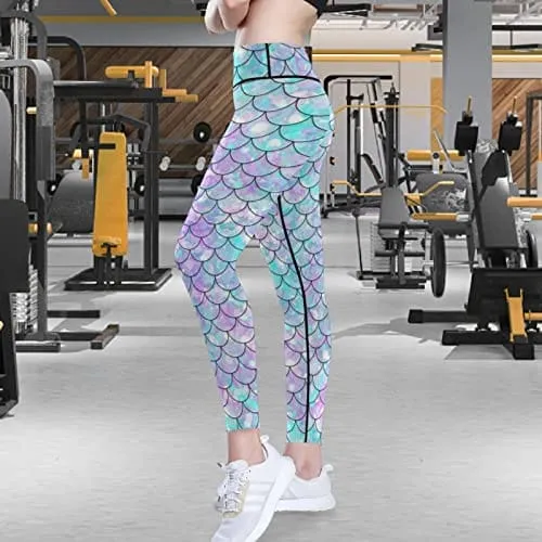visesunny High Waist Yoga Pants with Pockets Beautiful Rainbow Mermaid Scale Buttery Soft Tummy Control Running Workout Pants 4 Way Stretch Pocket Leggings