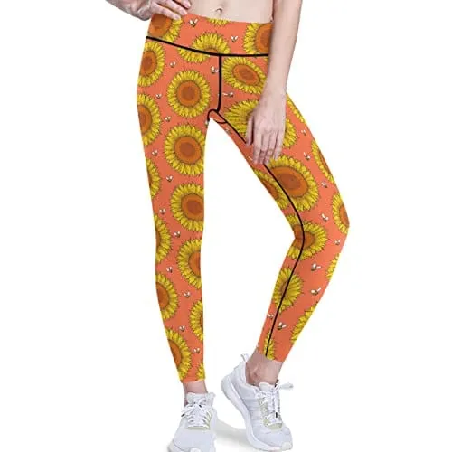 visesunny High Waist Yoga Pants with Pockets Sunflower and Bee Buttery Soft Tummy Control Running Workout Pants 4 Way Stretch Pocket Leggings