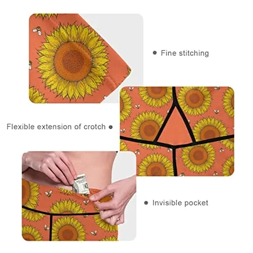 visesunny High Waist Yoga Pants with Pockets Sunflower and Bee Buttery Soft Tummy Control Running Workout Pants 4 Way Stretch Pocket Leggings