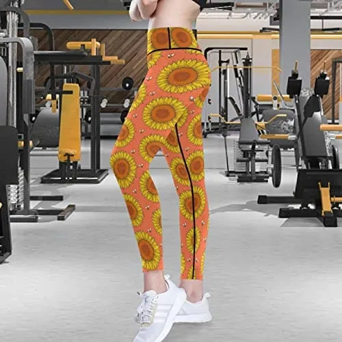 visesunny High Waist Yoga Pants with Pockets Sunflower and Bee Buttery Soft Tummy Control Running Workout Pants 4 Way Stretch Pocket Leggings