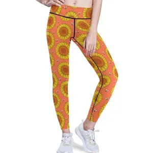 visesunny High Waist Yoga Pants with Pockets Sunflower and Bee Buttery Soft Tummy Control Running Workout Pants 4 Way Stretch Pocket Leggings