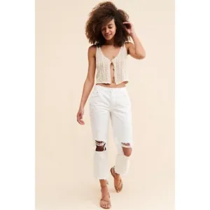 We The Free Maggie Mid Rise Straight Jean  in Optic White Denim Distressed 30