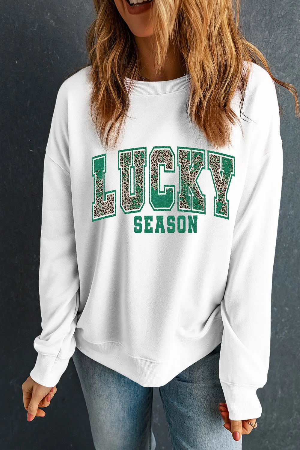 White Leopard LUCKY SEASON Printed St Patricks Pullover Sweatshirt