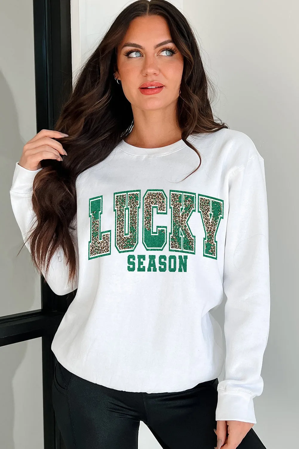 White Leopard LUCKY SEASON Printed St Patricks Pullover Sweatshirt