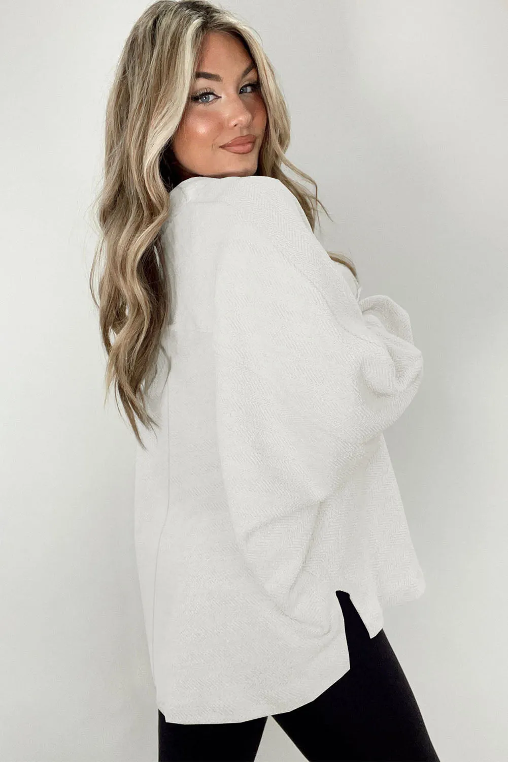 White Oversized Flap Pockets Button Collared Sweatshirt