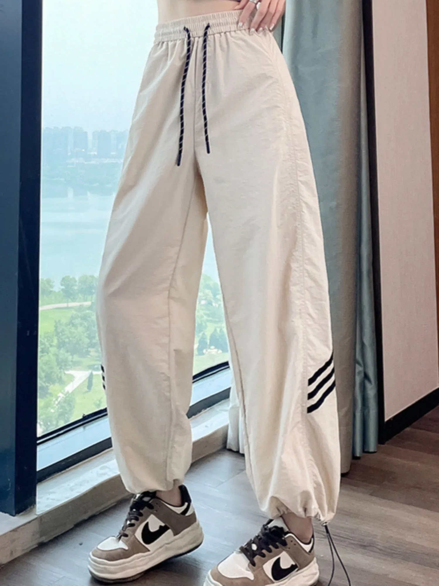 White Solid Stripped Cargo Jogger