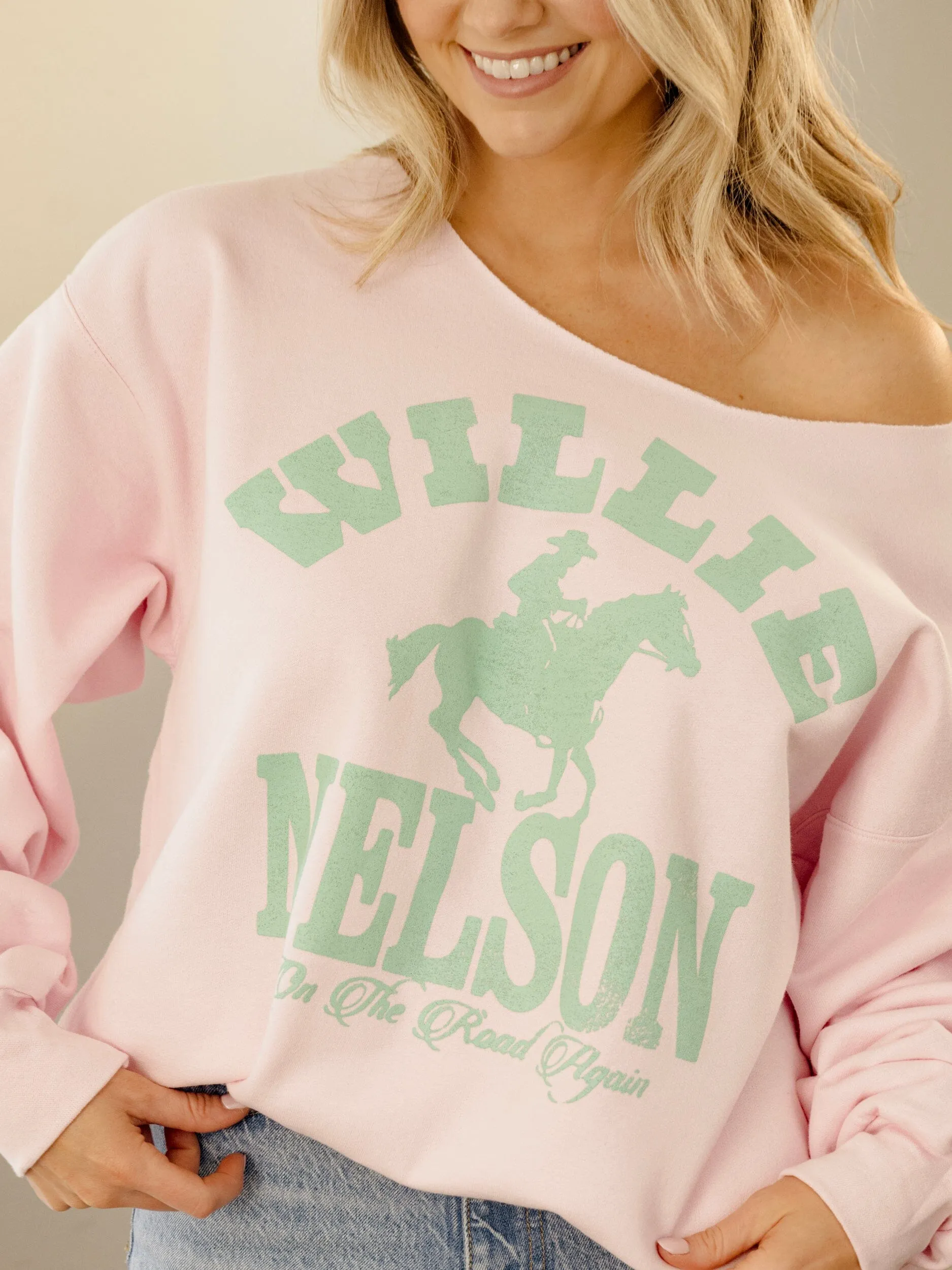 Willie Nelson Arch Horse On The Road Pink Flashdance Sweatshirt