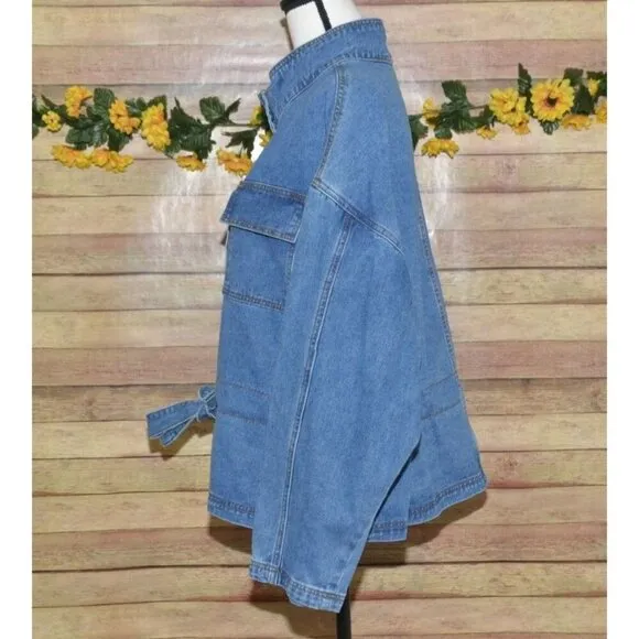 Wishlist Oversized Blue Denim Snap Button Front Jean Jacket Size S/M Belted