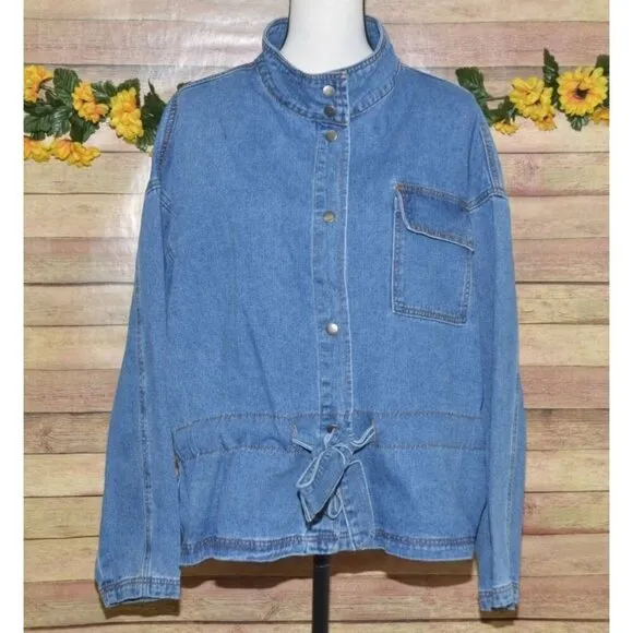 Wishlist Oversized Blue Denim Snap Button Front Jean Jacket Size S/M Belted
