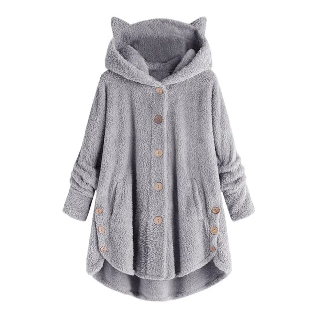 Women Fluffy Coat Loose Hoodie Sweatshirt Solid Winter Kawaii Cat Ear Hooded Hoodie Buttons Fleece Jackets Tracksuit Coat Plus