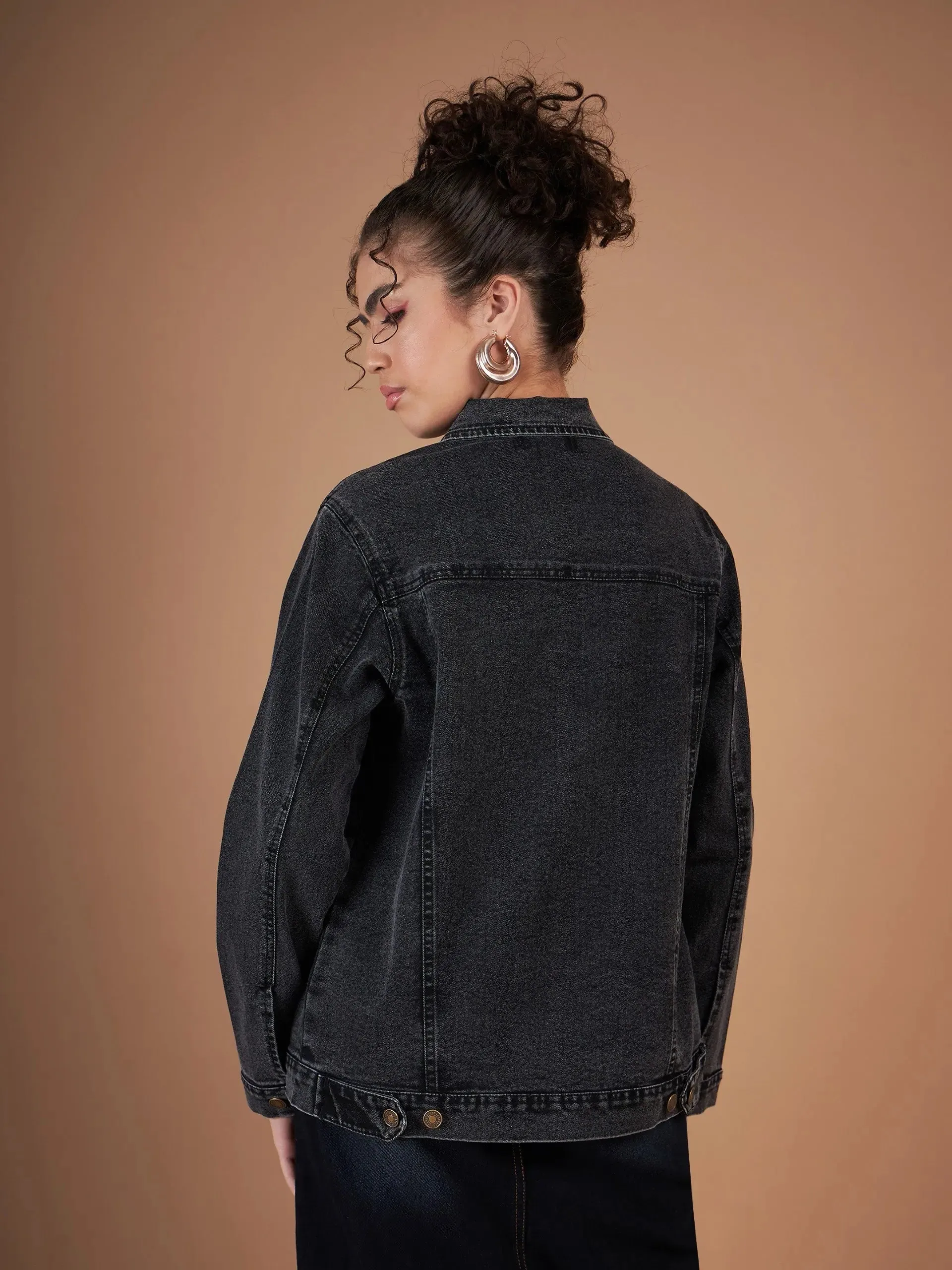 Women Solid Standard Black Collared Neck Full Sleeve Jacket
