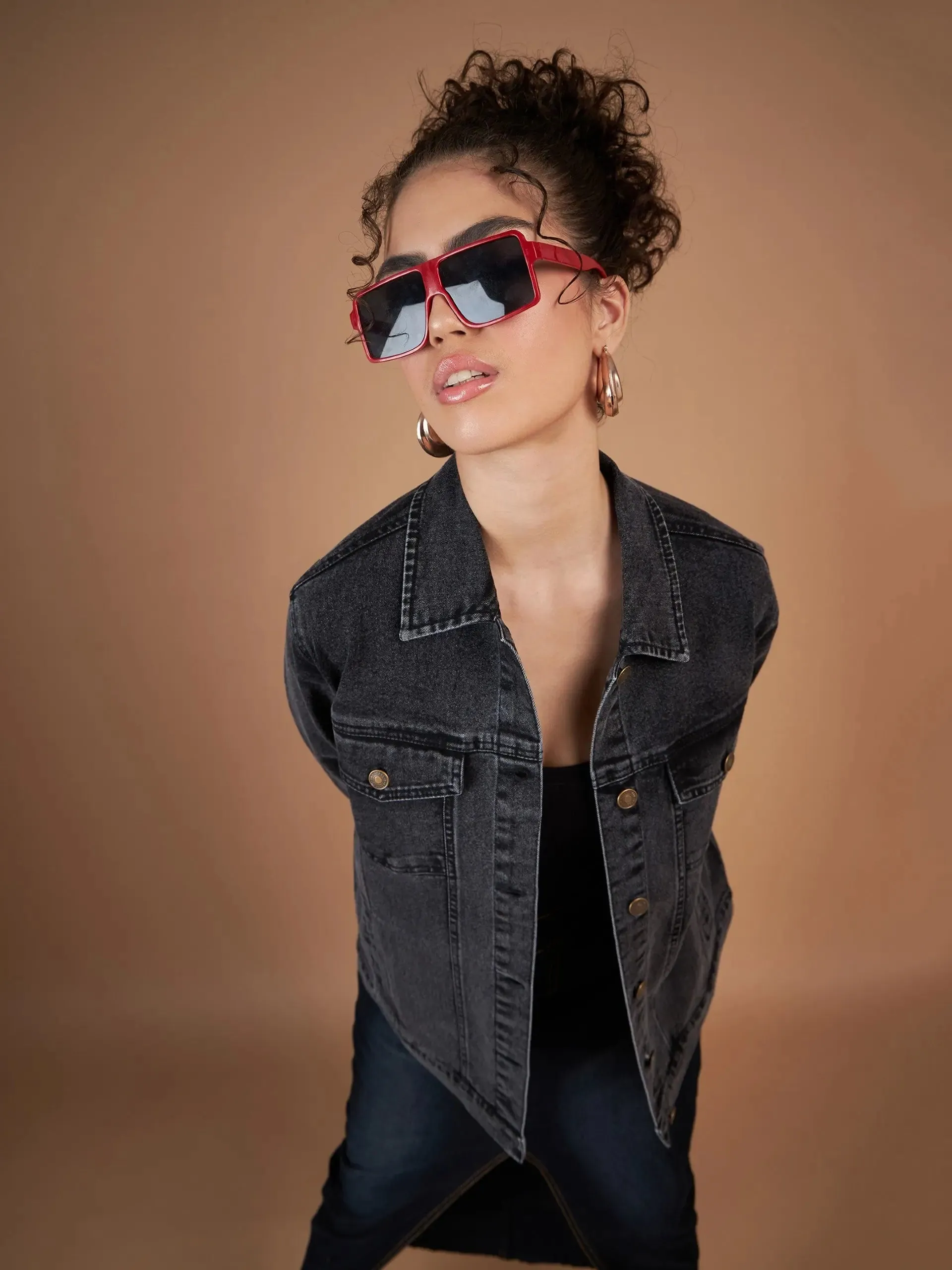 Women Solid Standard Black Collared Neck Full Sleeve Jacket