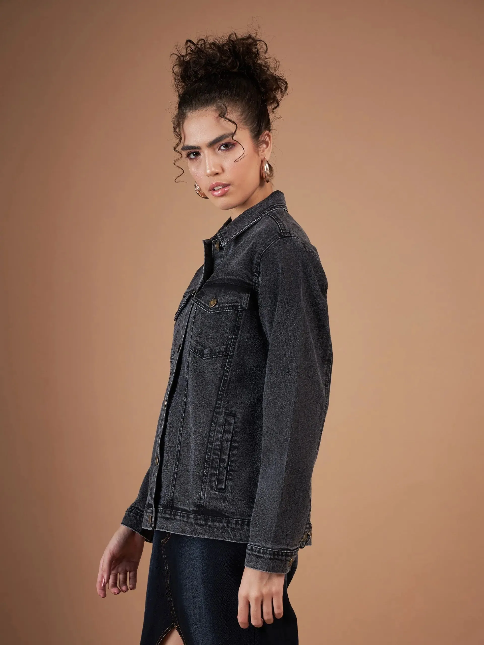 Women Solid Standard Black Collared Neck Full Sleeve Jacket