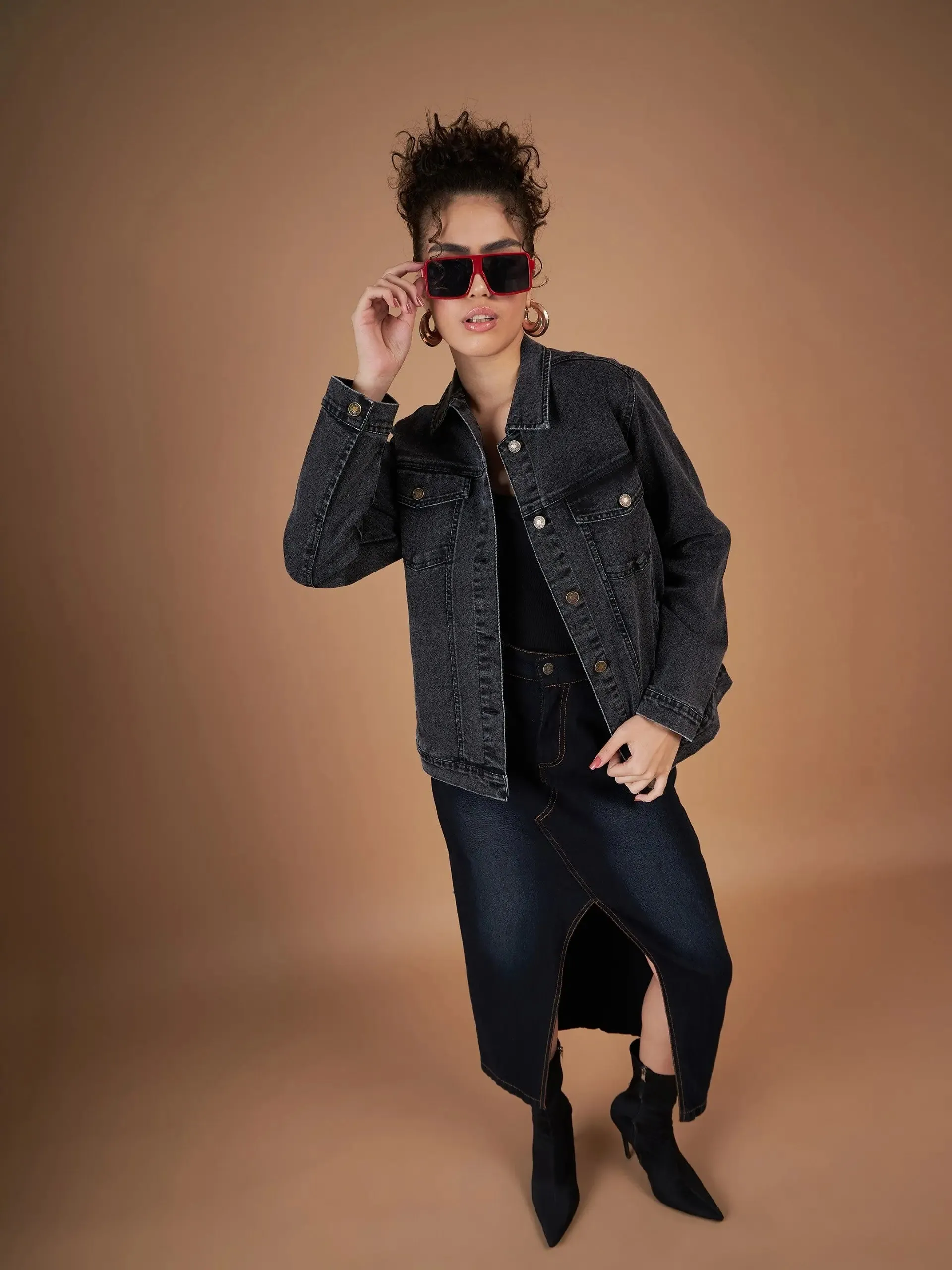 Women Solid Standard Black Collared Neck Full Sleeve Jacket