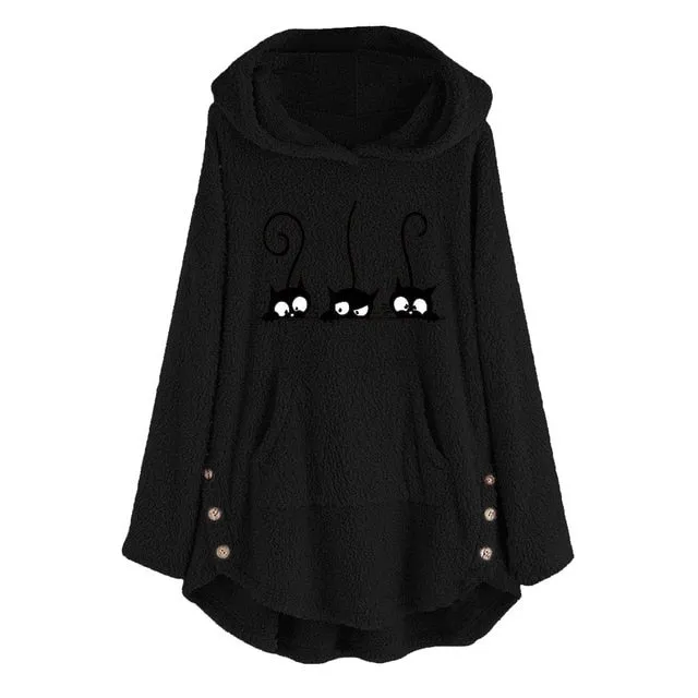 Womens Fleece Hoodies Sweatshirt Plush Fur Cat Embroidery Plus Size Warm Hoodie Top Button Women Pullovers Winter Jumpers #20