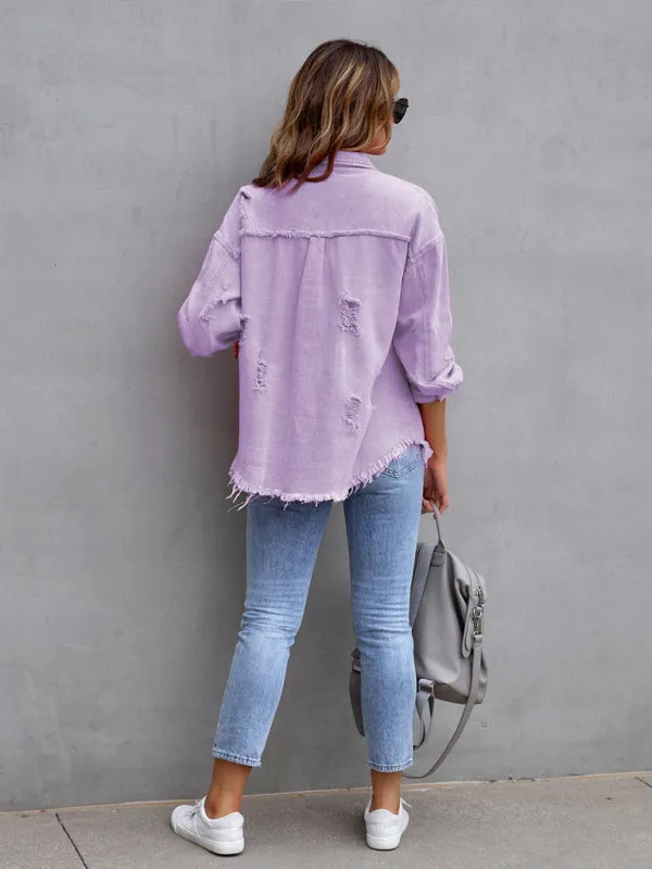 Women’s Solid Color Distressed Denim Jacket