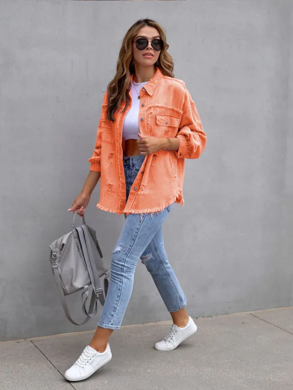 Women’s Solid Color Distressed Denim Jacket