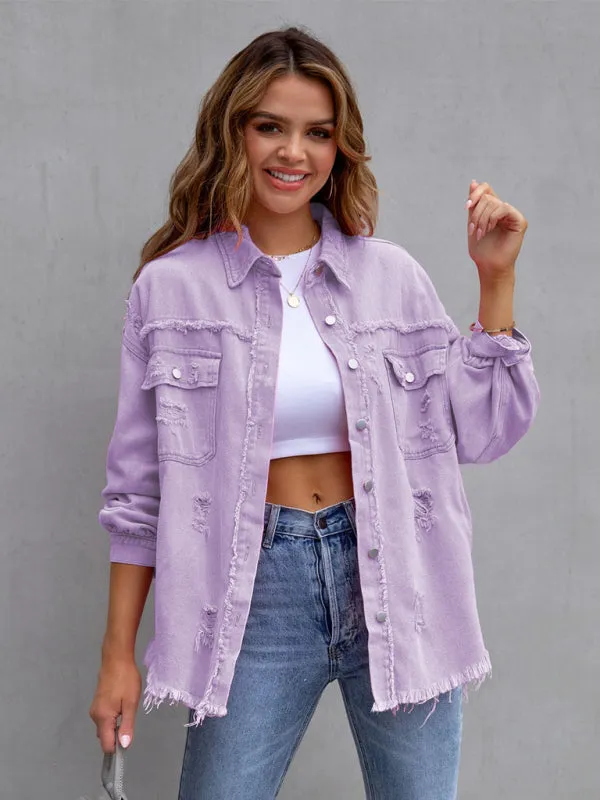 Women’s Solid Color Distressed Denim Jacket