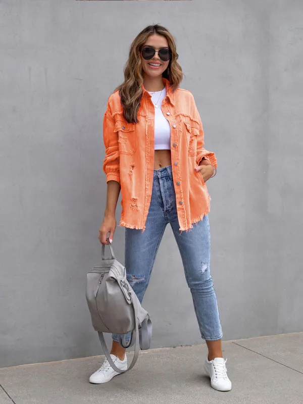 Women’s Solid Color Distressed Denim Jacket