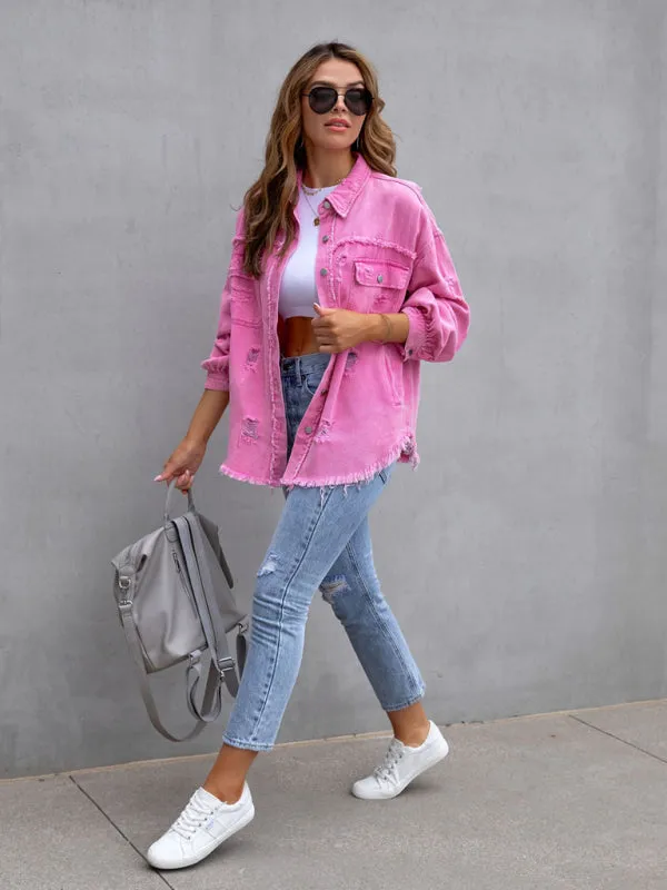 Women’s Solid Color Distressed Denim Jacket