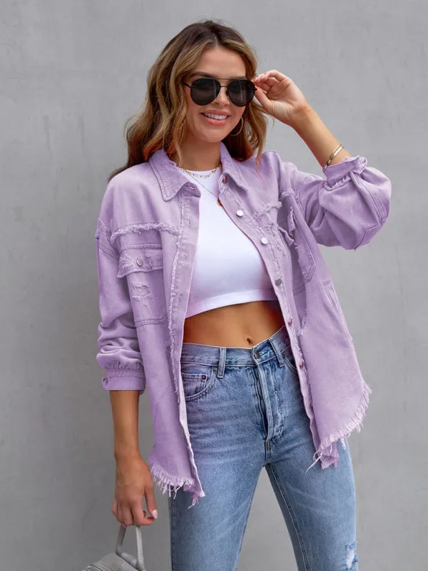 Women’s Solid Color Distressed Denim Jacket