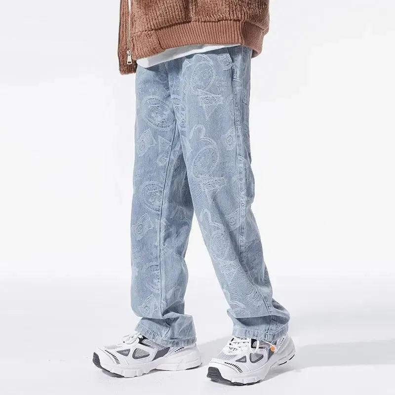 Y2K Straight Leg Jeans with Button Fastening in Light to Mid-Wash Denim
