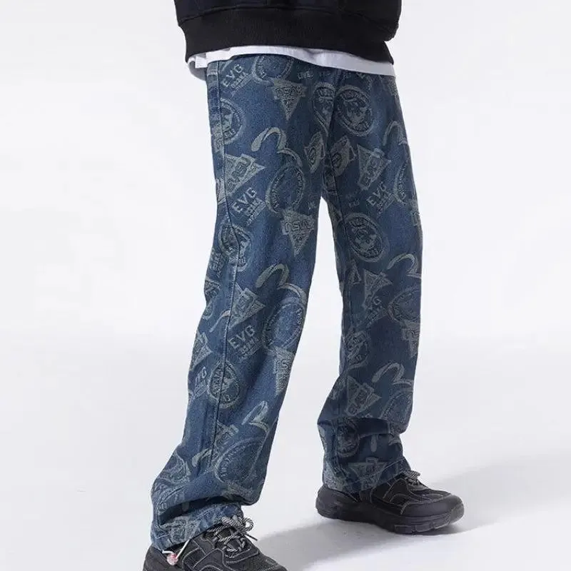 Y2K Straight Leg Jeans with Button Fastening in Light to Mid-Wash Denim
