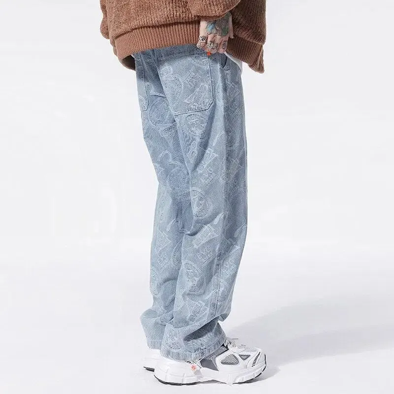 Y2K Straight Leg Jeans with Button Fastening in Light to Mid-Wash Denim