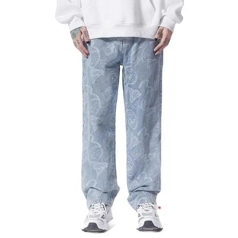 Y2K Straight Leg Jeans with Button Fastening in Light to Mid-Wash Denim